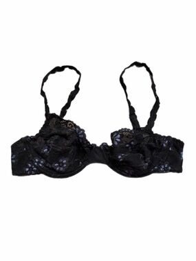 90s French Vintage Passionata Unlined Floral Lace Embroidery Bra (Black/Blue)34B
